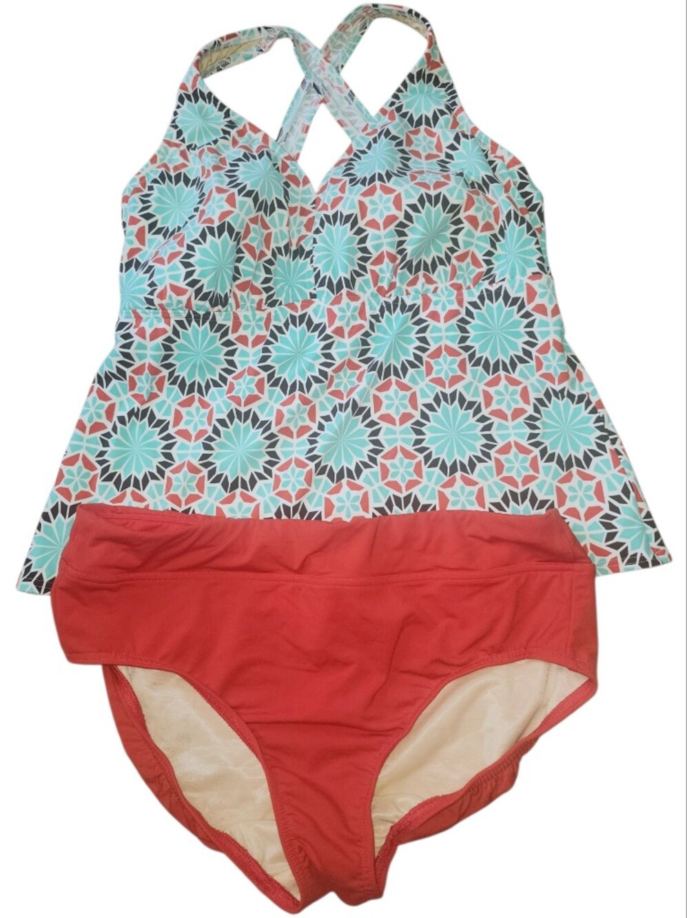 Lands' End Swimsuit Set Tankini Top 14DD High Rise Bikini Bottoms 12 Coral Tile